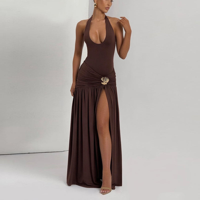 Serafina Luxe Slit Cut Maxi Dress In Brown