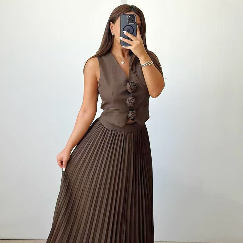 Sarine Luxe Vest Suit With Skirt In Brown