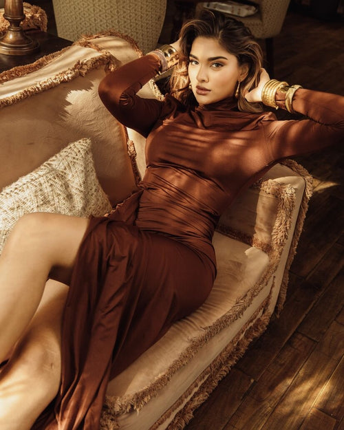Alina Statement  Slit Cut Maxi Dress In Brown