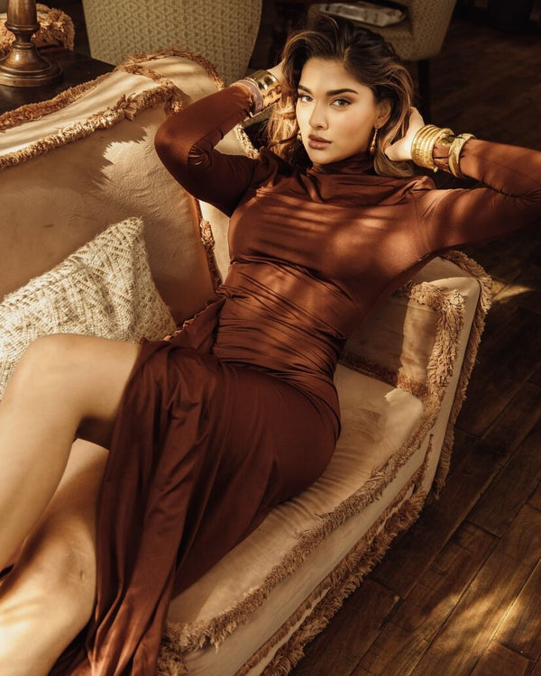 Alina Statement  Slit Cut Maxi Dress In Brown
