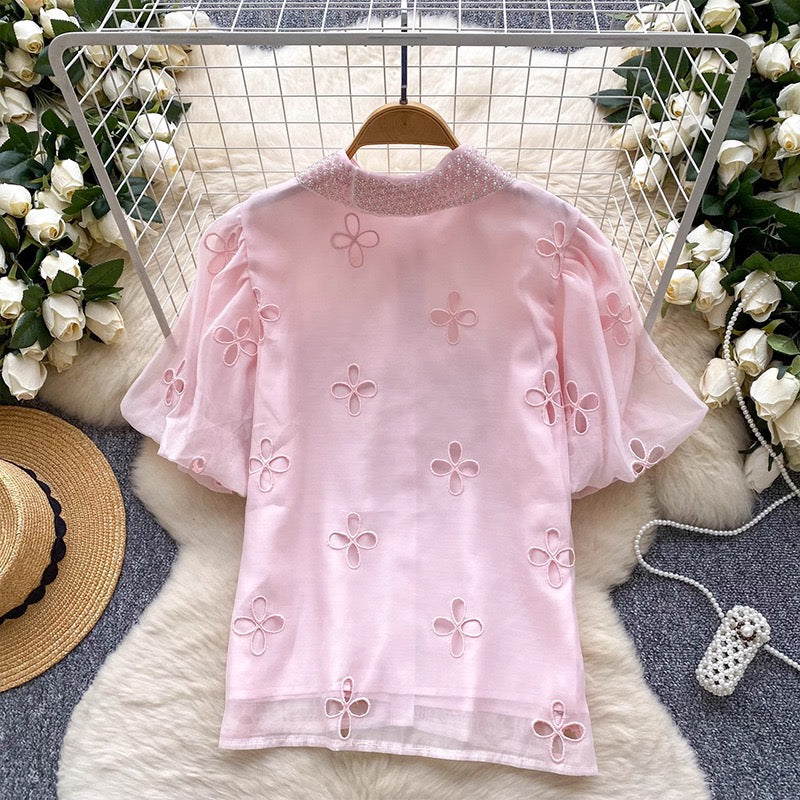 Elea Embellished Collar Top In Pink