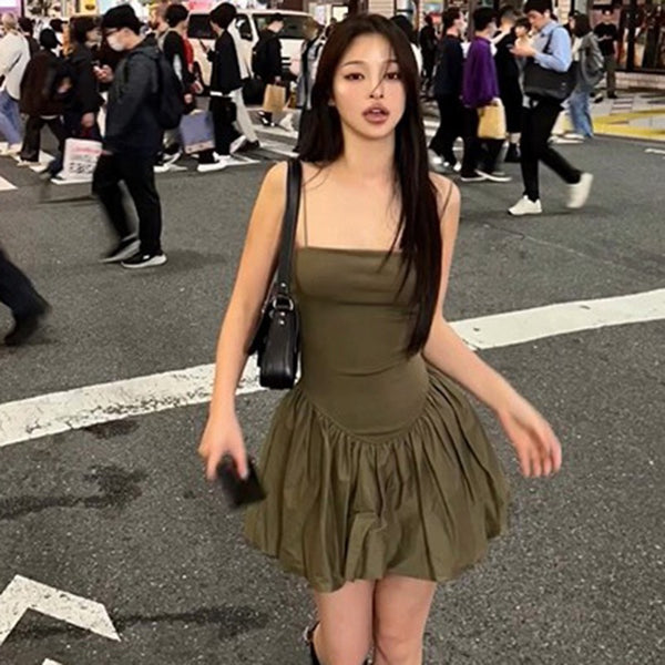 Camille Statement Balloon Dress In Olive