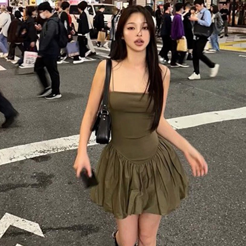 Camille Statement Balloon Dress In Olive