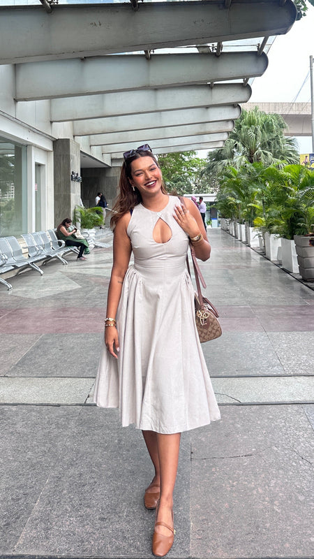 Harlow Statement Dropwaist Midi Dress In Beige