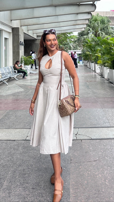 Harlow Statement Dropwaist Midi Dress In Beige