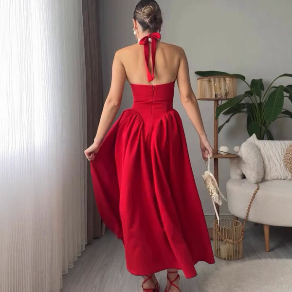 Maira Drop Waist Midi Dress in Red