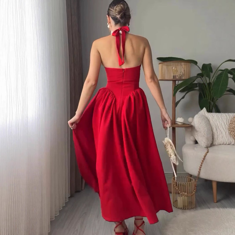 Maira Drop Waist Midi Dress in Red