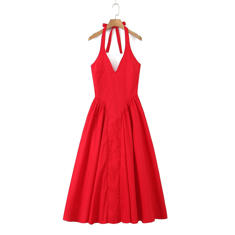 Maira Drop Waist Midi Dress in Red