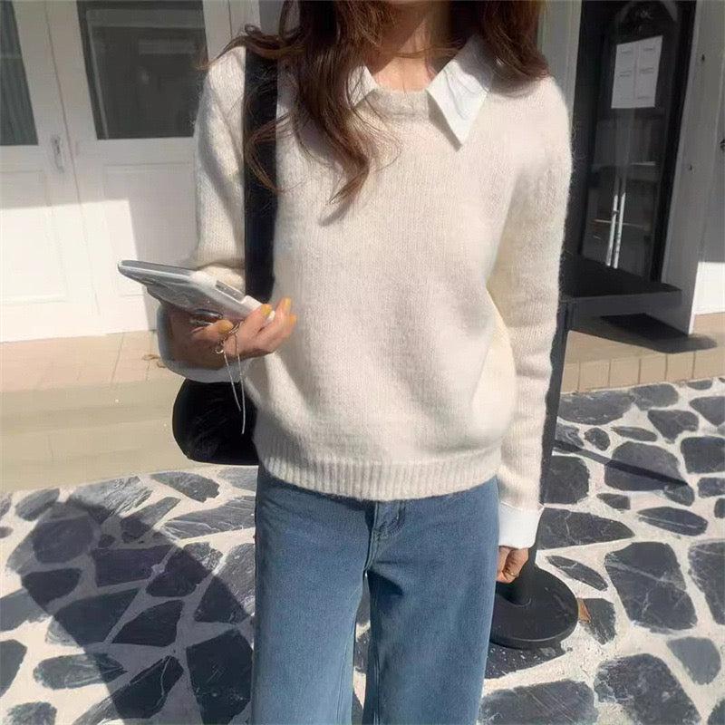 Ambre Statement Shirt With Attached Sweater In Off-White