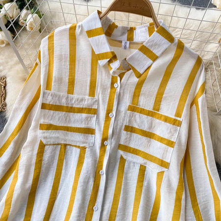 Ibiza Striped Holiday Shirts - close-up of collar and pockets, yellow - Miss Mosa By Akanksha