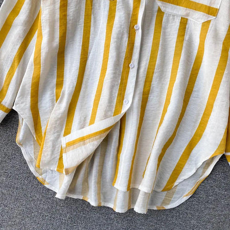 Ibiza Striped Holiday Shirts - close-up of hem, yellow - Miss Mosa By Akanksha