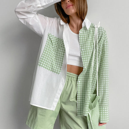 Iconic 2 Tone Oversized Shirt - front shot, white and sage green gingham - Miss Mosa By Akanksha