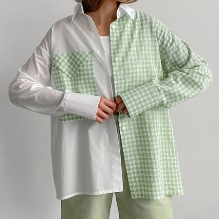 Iconic 2 Tone Oversized Shirt - front close-up shot, white and sage green gingham - Miss Mosa By Akanksha