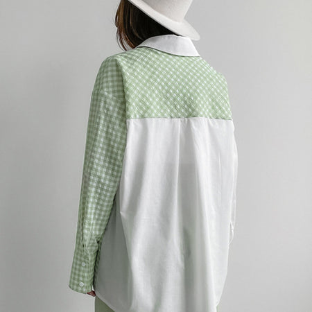 Iconic 2 Tone Oversized Shirt - back shot, white and sage green gingham - Miss Mosa By Akanksha