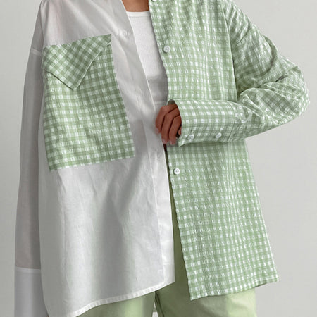 Iconic 2 Tone Oversized Shirt - front detail shot, white and sage green gingham - Miss Mosa By Akanksha