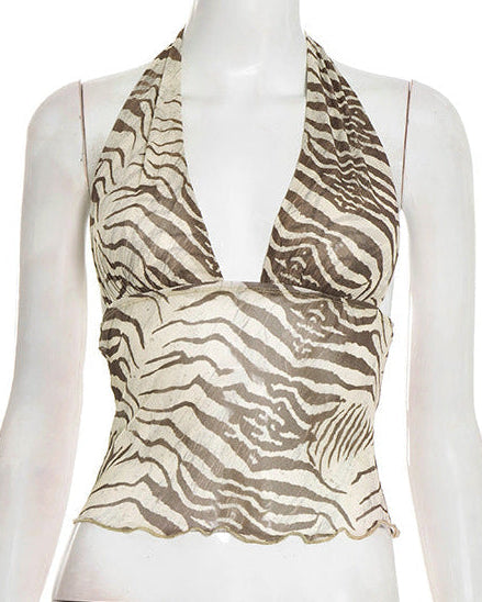 Ila Halterneck Printed Top - front shot on mannequin, brown and cream zebra print - Miss Mosa By Akanksha