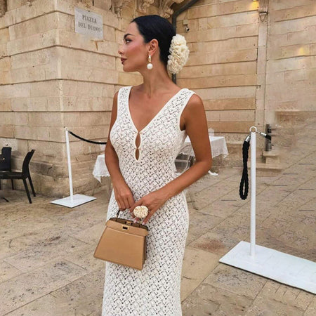 Ilaria Crochet Holiday Maxi Dress - side shot, cream - Miss Mosa By Akanksha