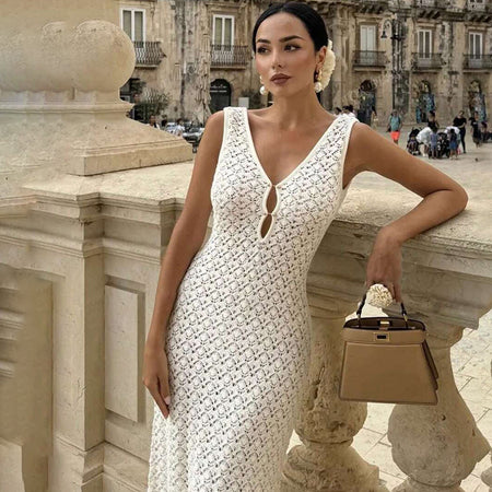 Ilaria Crochet Holiday Maxi Dress - front shot, cream - Miss Mosa By Akanksha