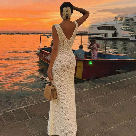Ilaria Crochet Holiday Maxi Dress - back shot, cream - Miss Mosa By Akanksha