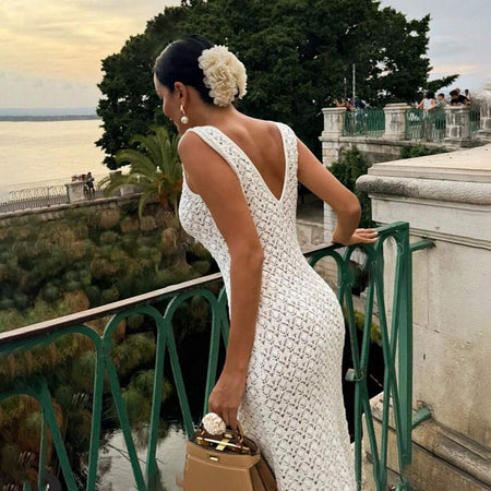 Ilaria Crochet Holiday Maxi Dress - back three-quarter shot, cream - Miss Mosa By Akanksha