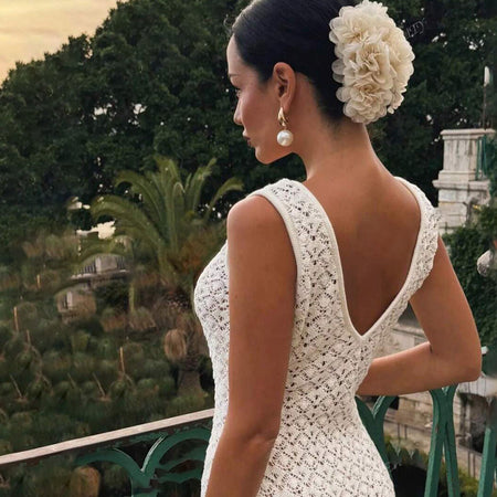 Ilaria Crochet Holiday Maxi Dress - back detail shot, cream - Miss Mosa By Akanksha