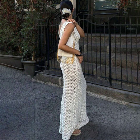 Ilaria Crochet Holiday Maxi Dress - side full-length shot, cream - Miss Mosa By Akanksha