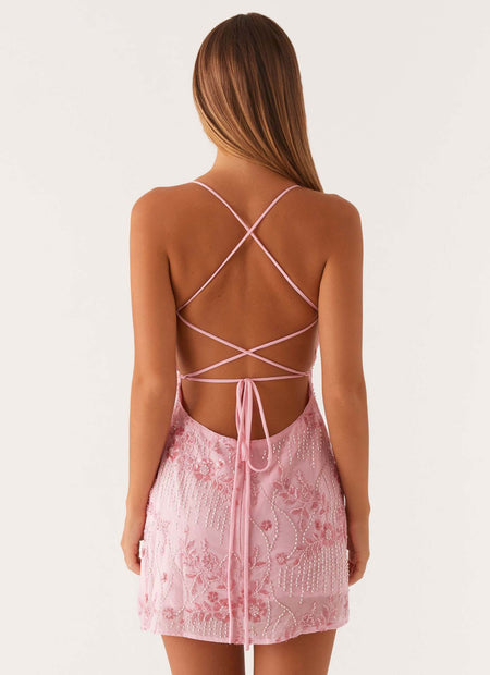 Ilse Embellished Backless Mini Dress - back shot, pink - Miss Mosa By Akanksha