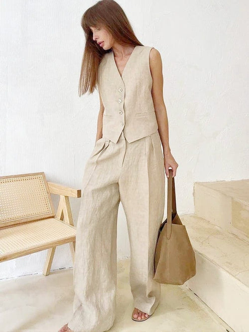 Hodor Statement Linen Vest Suit with Pants In Beige