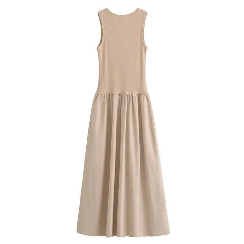 Keya Drop Waist Midi Dress In Beige