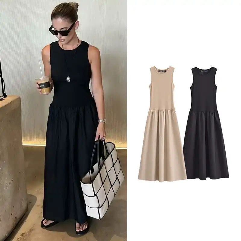 Keya Drop Waist Midi Dress In Beige