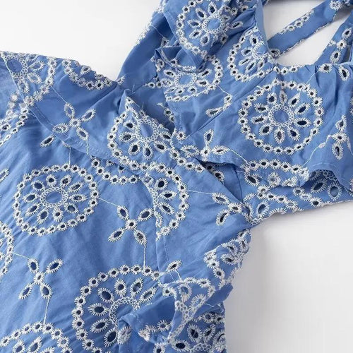 Kamiya Eyelet Cotton Summer Dress In Blue