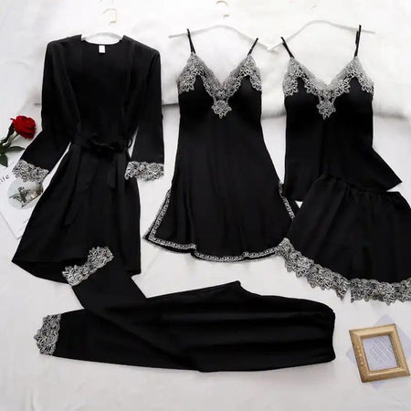 Imani Luxury Loungewear Set In Black - flat-lay product shot of lace nightwear set - Miss Mosa By Akanksha