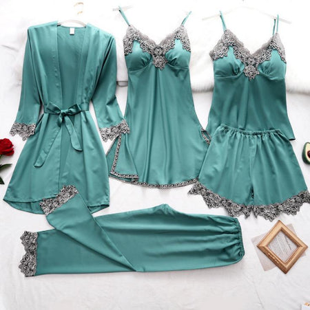 Imani Luxury Loungewear Set In Teal Blue - flat-lay product shot of lace nightwear set - Miss Mosa By Akanksha