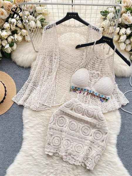 Imogen 3 Piece Coord Set - Resortwear Set - styled flat-lay shot, white - Miss Mosa By Akanksha