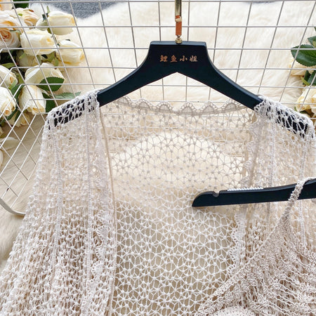 Imogen 3 Piece Coord Set - Resortwear Set - close-up of crochet cover-up detail, white - Miss Mosa By Akanksha