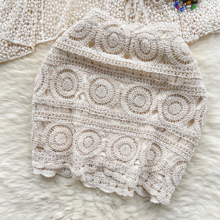 Imogen 3 Piece Coord Set - Resortwear Set - close-up of crochet shorts detail, white - Miss Mosa By Akanksha