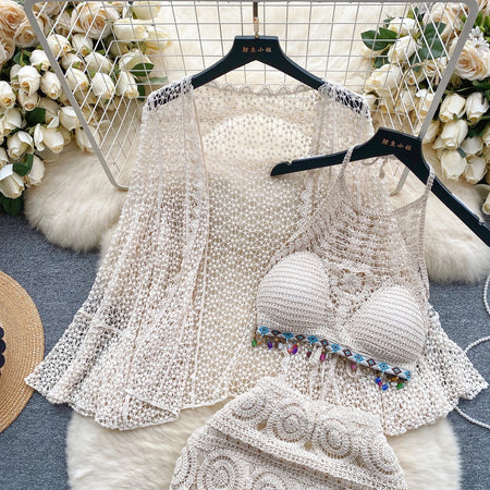 Imogen 3 Piece Coord Set - Resortwear Set - styled flat-lay shot, white - Miss Mosa By Akanksha
