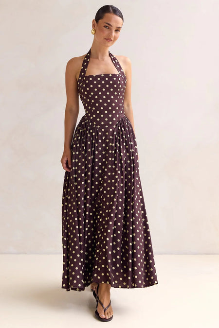 Inaya Drop Waist Polka Maxi Dress - full-length shot, dark brown with cream polka dot - Miss Mosa By Akanksha
