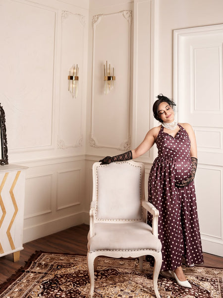 Inaya Drop Waist Polka Maxi Dress - three-quarter shot, dark brown with white polka dot - Miss Mosa By Akanksha