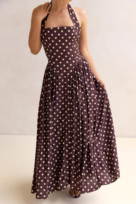 Inaya Drop Waist Polka Maxi Dress - front shot, dark brown with cream polka dot - Miss Mosa By Akanksha
