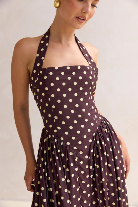 Inaya Drop Waist Polka Maxi Dress - close-up shot, dark brown with cream polka dot - Miss Mosa By Akanksha