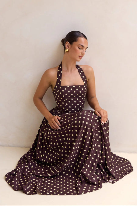 Inaya Drop Waist Polka Maxi Dress - seated shot, dark brown with cream polka dot - Miss Mosa By Akanksha