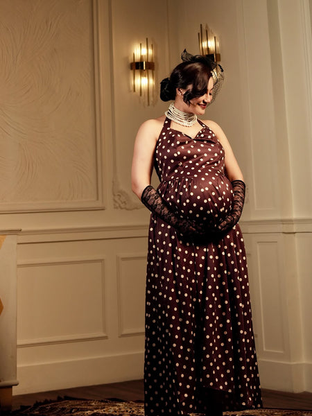 Inaya Drop Waist Polka Maxi Dress - full-length shot, dark brown with white polka dot - Miss Mosa By Akanksha