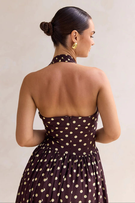 Inaya Drop Waist Polka Maxi Dress - back shot, dark brown with cream polka dot - Miss Mosa By Akanksha