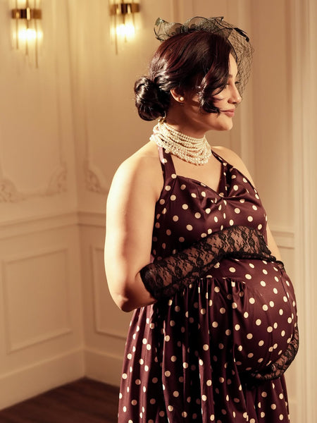 Inaya Drop Waist Polka Maxi Dress - side shot, dark brown with white polka dot - Miss Mosa By Akanksha