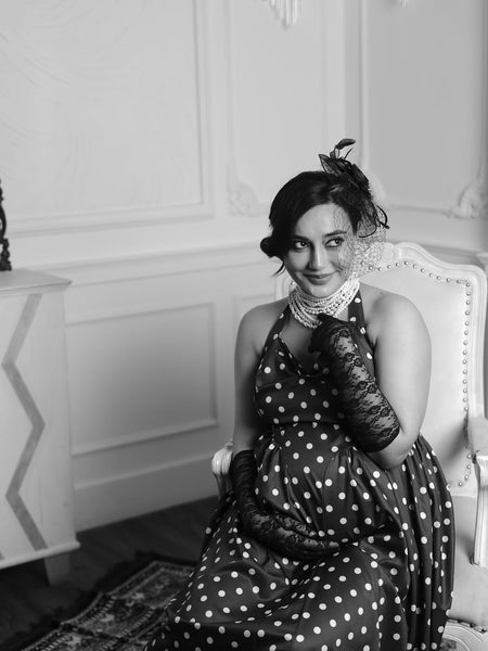 Inaya Drop Waist Polka Maxi Dress - seated shot, black and white polka dot - Miss Mosa By Akanksha