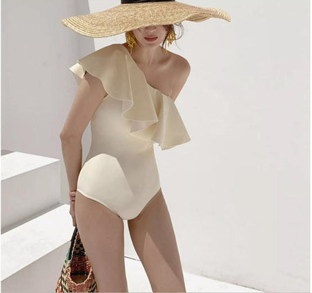 Inaya One Piece Swimsuit In Beige - front shot on model, cream - Miss Mosa By Akanksha