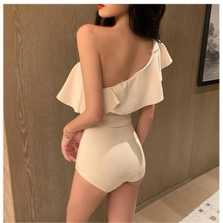 Inaya One Piece Swimsuit In Beige - back shot on model, cream - Miss Mosa By Akanksha