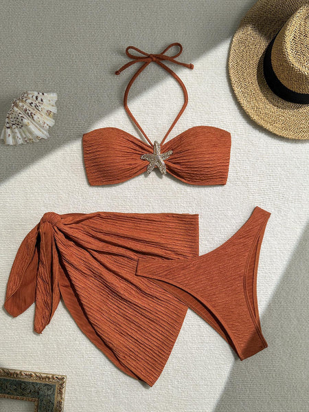 Inaya Summer Bikini Set Of 3 In Rust - flat-lay product shot with props - Miss Mosa By Akanksha