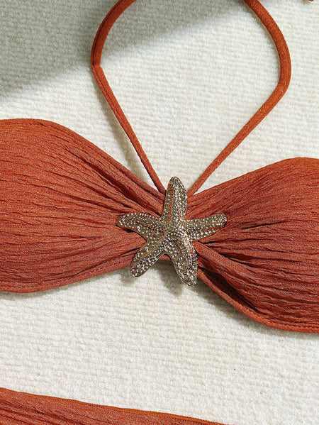 Inaya Summer Bikini Set Of 3 In Rust - close-up of starfish ornament detail - Miss Mosa By Akanksha